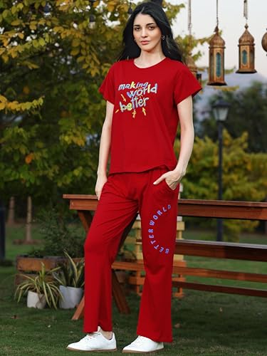 Image of ZEYO Night Suit for Womens Typography Printed Cotton Night Dress of Top and Wide Bottom Pyjama