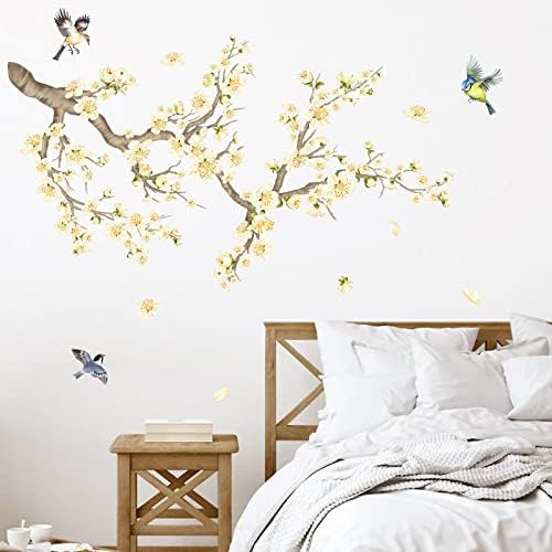 decalmile Flower Branch Wall Stickers Yellow Blossom Pear Flower Birds Wall Decals Kids Bedroom Living Room Window Wall Decor (Width:119CM)