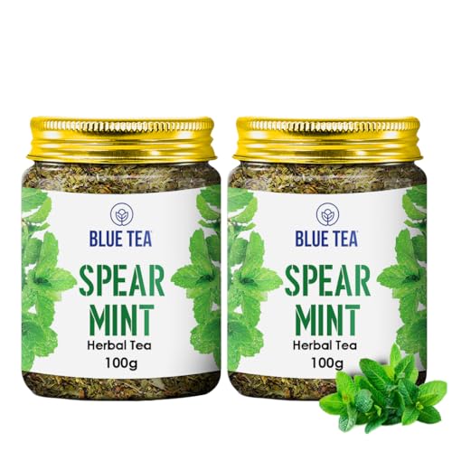Image of BLUE TEA - Spearmint Herbal Tea - 100 gm -100 Cups (Pack of 2) | Pcos Relief | Balances Hormones, Reduces Facial Hair & Acne and Supports Digestion | Herbal Tea - Dried Loose Leaf - Caffeine Free | Reusable Pet Jar