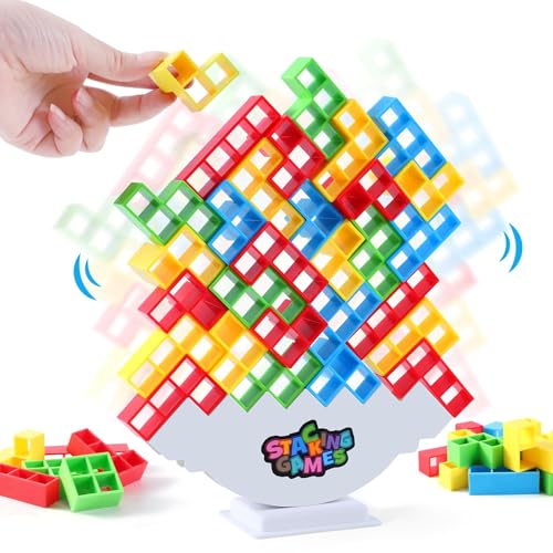 BkjHg Tetra Tower Stacking Game, 48PCS Balance Building Blocks Board Game for Kids, Adults, Family, Friends, Team Play, Classroom, Dorm, and Party Fun