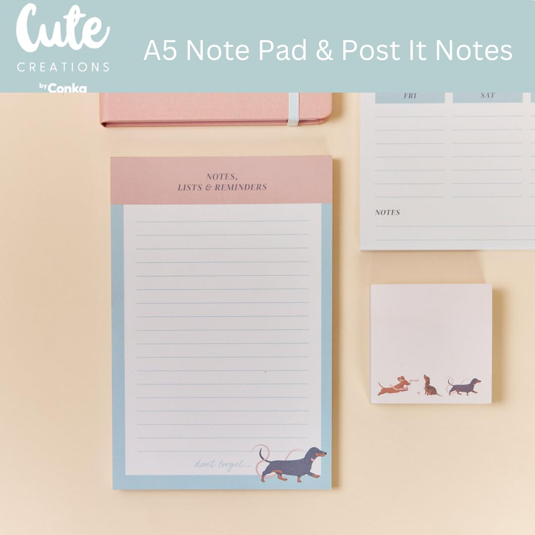 Cute Creations Dog Lovers Schreibwaren Geschenkset, 7-teilige Kollektion, A4/A5, inklusive Notizbuch, Planer, Notizblock, Stift, Haftnotizen (Dackel-Geschenkset)