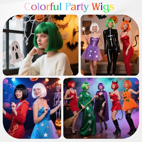 Image of MEEZY Black Short Bob Wigs Straight Hair with Flat Bangs Heart Sunglasses for Women, Colorful Funny Cosplay Party Neon Wig Synthetic Natural As Real Carnival Halloween Costume
