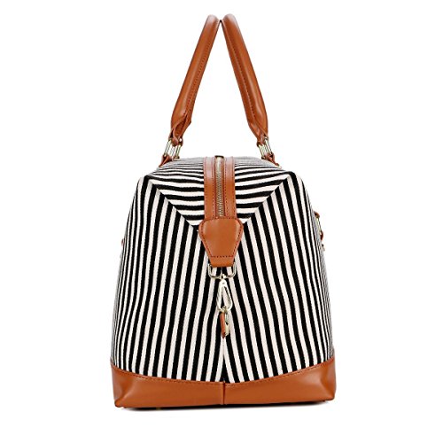 BAOSHA HB-14 Canvas Travel Tote Duffel Bag Carry on Weekender Overnight Bag Oversized for Women and Ladies (Black Strips)