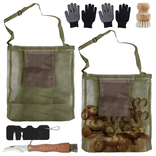 Cuchillo de seta con cepillo, bolsillos de alimentación de red, bolsa para buscar comida con cepillo, afilador de cuchillos y 1 guantes, correa de hombro ajustable, bolsa de recogida de setas para