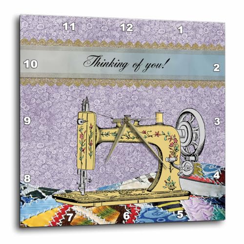 3dRose dpp_179323_2 Vintage Flowered Yellow Sewing Machine with Colorful Quilt, Thinking of You-Wall Clock, 13 by 13-Inch