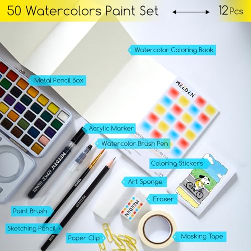 Meeden Travel Watercolor Paint Set: 50 Colors Watercolor Paints For Beginner With Brushes & Concertina Coloring Book - Portable Water Color Kit For Adult Painting On The Go - 3