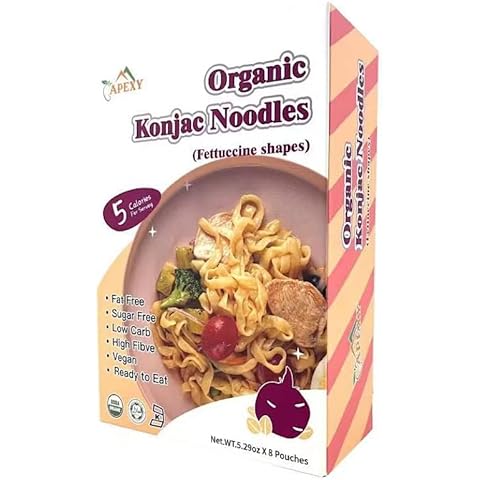 Apexy Organic Shirataki Konjac Noodle with Organic Oat Flour 53.6oz 8 Pouches Inside Healthy Diet, Low Calorie, Low-Carb Gluten Free, Vegan, Keto and Paleo-Friendly. (Fettuccine Shapes) Cover