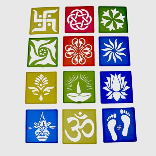 Image of CRAFTAM Different Design Ready to Draw Rangoli Making Stencils, Rangoli Plastic Stencils for Floor Decoration, Diwali Rangoli art stencils reusable, Festival decoration Rangoli tools (Set of 12, Size 4x4 Inch)