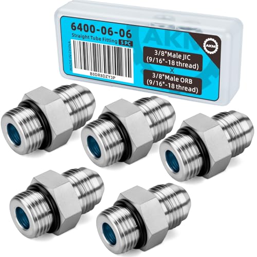 Image of Straight Hydraulic Hose Adapter Fittings, 6400-06-06 3 /8 inch Male JIC (9 /16 inch-18 thread) x 3 /8 inch Male ORB (9 /16 inch-18 thread) Connectors x 5 pack