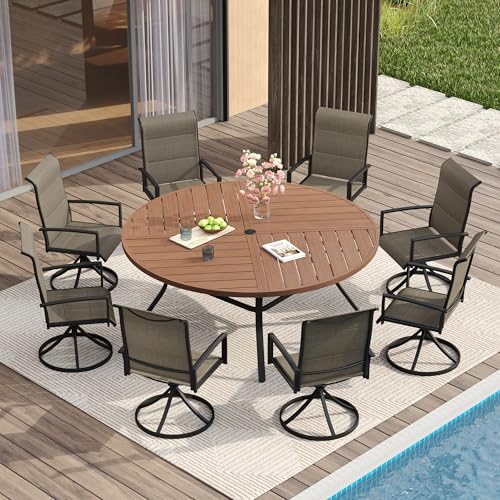 Image of VICLLAX Round Patio Table with Adjustable Umbrella Hole for 8, All Weather Metal Outdoor Dining Table for Lawn Garden, 59.8 inch Outdoor Coffee Table, Walnut Wood-Like Tabletop