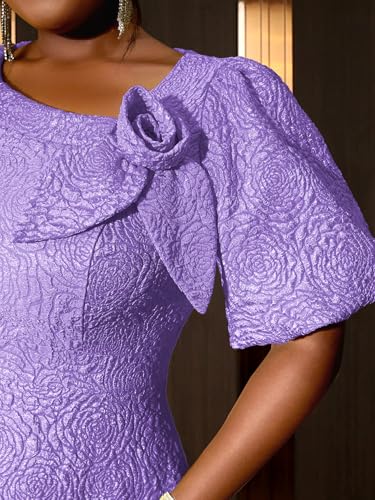 Image of AOMEI Women's Irregular Neck with Flower Short Puff Sleeve High Waist A-Line Jacquard Dress