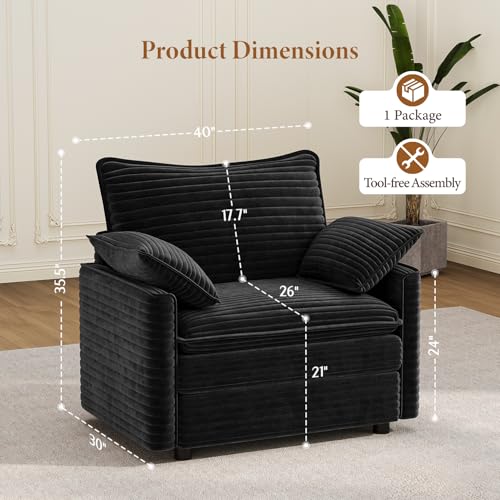 Image of Vesgantti 40 inch Single Seat Sofa, Comfy Cloud Couch Deep Seat Upholstered Couch Corduroy Modern Sofa with Armrest Pillow, Easy Assembly for Living Room, Bedroom and Apartment, Black