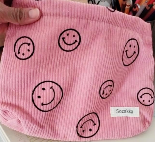 Gardsell Cosmetic Bags for Women - Corduroy Cosmetic Bag Aesthetic Women Handbags Purses Smile Dots Makeup Organizer Storage Makeup Bag Girls Case Bags (A-Beige) 3 Ounce