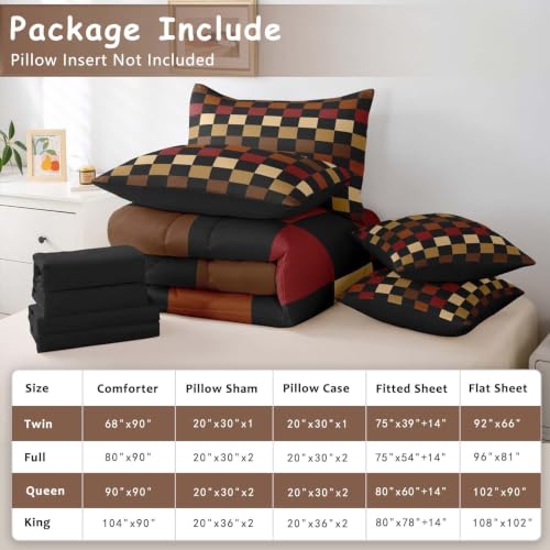 Image of Feelyou Checkered Retro Comforter Set with Sheets 7 Piece Twin Size Brown Red Black Plaid Bed in a Bag Kids Boys Girls Geometric Vintage Bedding Set Modern Simple Groovy Aesthetic Bedroom Decor Soft
