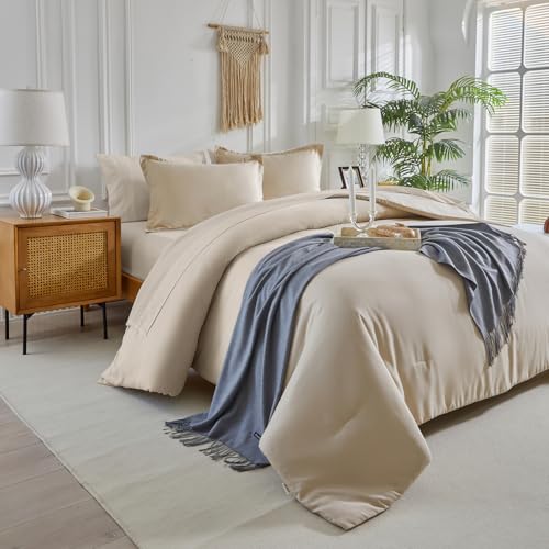 Image of Kids Comforter Sheet Set - Soft and Breathable Bed Set Includes Quilted Comforter, Fitted Sheet, Flat Top Sheet, Pillowcase and Pollowshams For Boys Girls - 7 Pieces Bed in a Bag Full Szie Beige