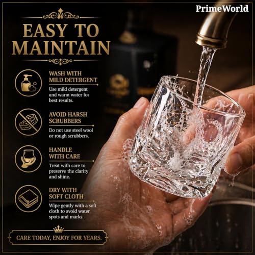 Image of PrimeWorld Grand Crystal Whiskey Glasses Set of 6 pcs- 300 ml Bar Glass for Drinking Bourbon, Whisky, Scotch, Cocktails, Cognac- Old Fashioned Cocktail Tumblers