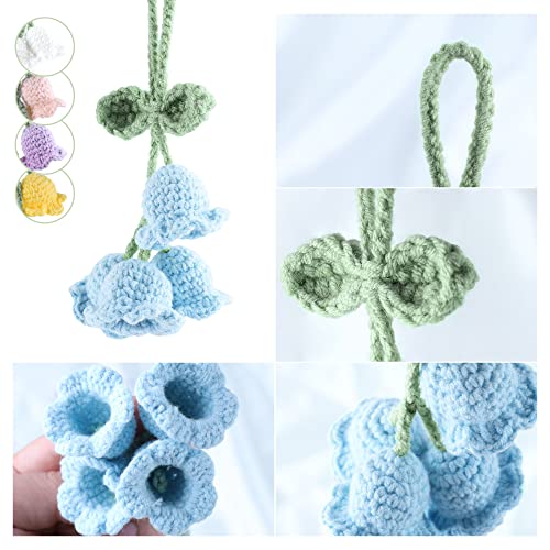 Image of Mirror Hanging Car Accessories Cute Little Lily of the Valley, Hand Knitted Crochet Flower Decor for Mirror, Rear View Mirrors,Key Chains (Pink)