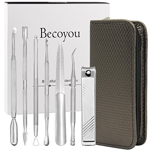 Manicure and Pedicure Tools Set, Becoyou 7 Pcs Stainless Steel Professional Nail Tools Kit Gel Nail Polish Remover Cuticle Pusher Nail Polish Scraper Perfect for Fingernails and Toenails