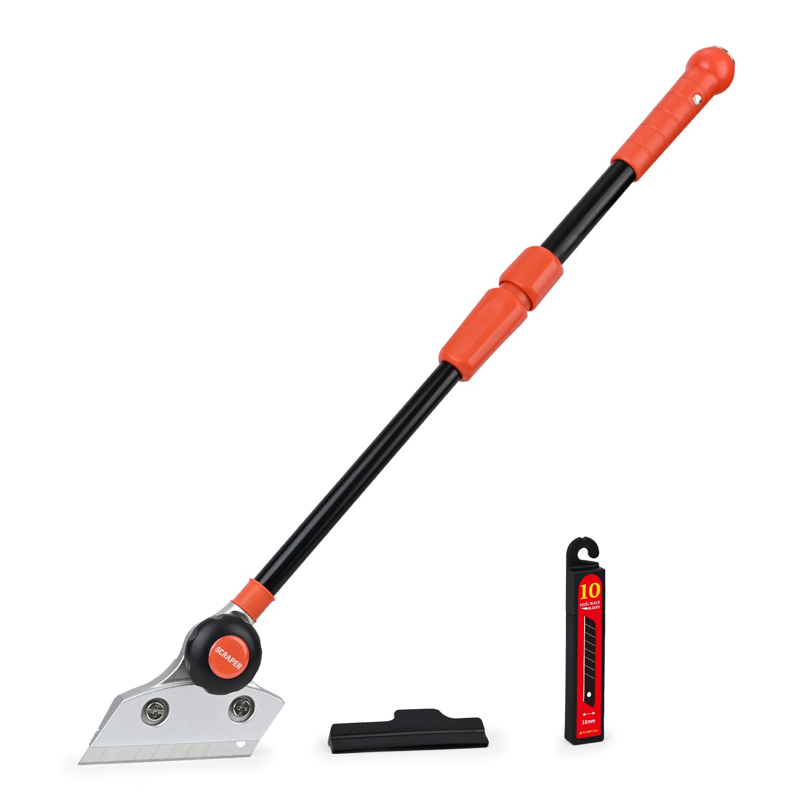 EHDIS Retractable Razor Blade Scraper Long Handle Heavy Duty Floor Scraper with Rotatable Head and 10pcs Replace Blades for Cleaning Glass, Tile, Floor, Wall,Door