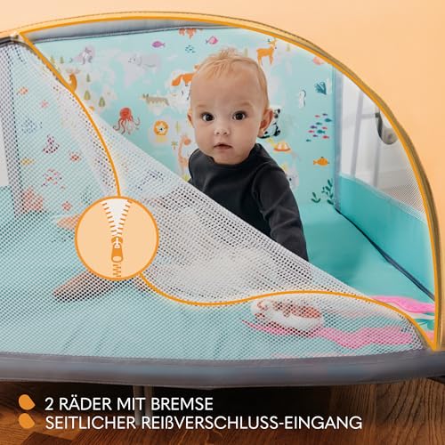 LIONELO MILLE 2-in-1 Baby-Reisebett und Laufstall 100x100 cm bis 15 kg 0-36 Monate Seitlicher Eingang mit Reißverschluss Kinderreisebett mit Matratze Räder mit Bremse einfaches Zusammenklappen
