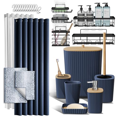 Clara Clark Bathroom Accessories Set - 27PC Bathroom Set with Adhesive Corner Shower Caddy Hanging, Bathroom Sets with Shower Curtain and Rugs, Ombre Navy Shower Curtain Set with Bathroom Trash Can by Clara Clark - Used condition - US$75.10
