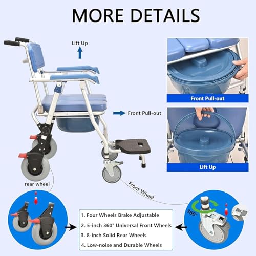 Chaise de douche sur roues pliable avec commode et dossier ergonomique