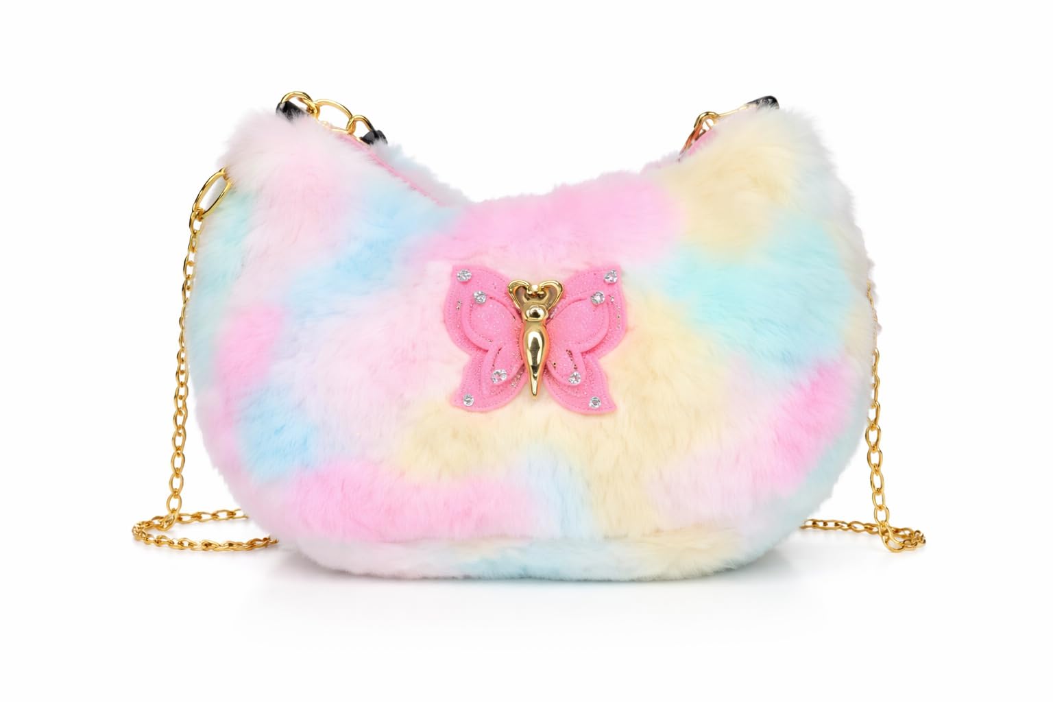 trendy handbag, Pastel Fur Butterfly Sling Bag for Girls, Soft Plush Crossbody Handbag with Detachable Metal Chain, Cute Kids Party Birthday Gift Purse for Teens and Children