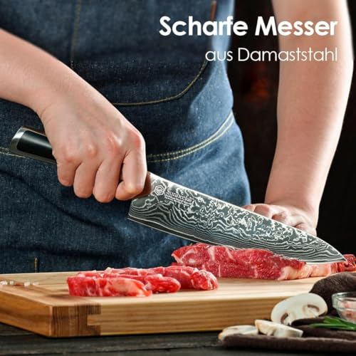 Sunnecko Damastmesser 20cm Kochmesser Küchenmesser - Scharf Messer aus Damaststahl, Damast...