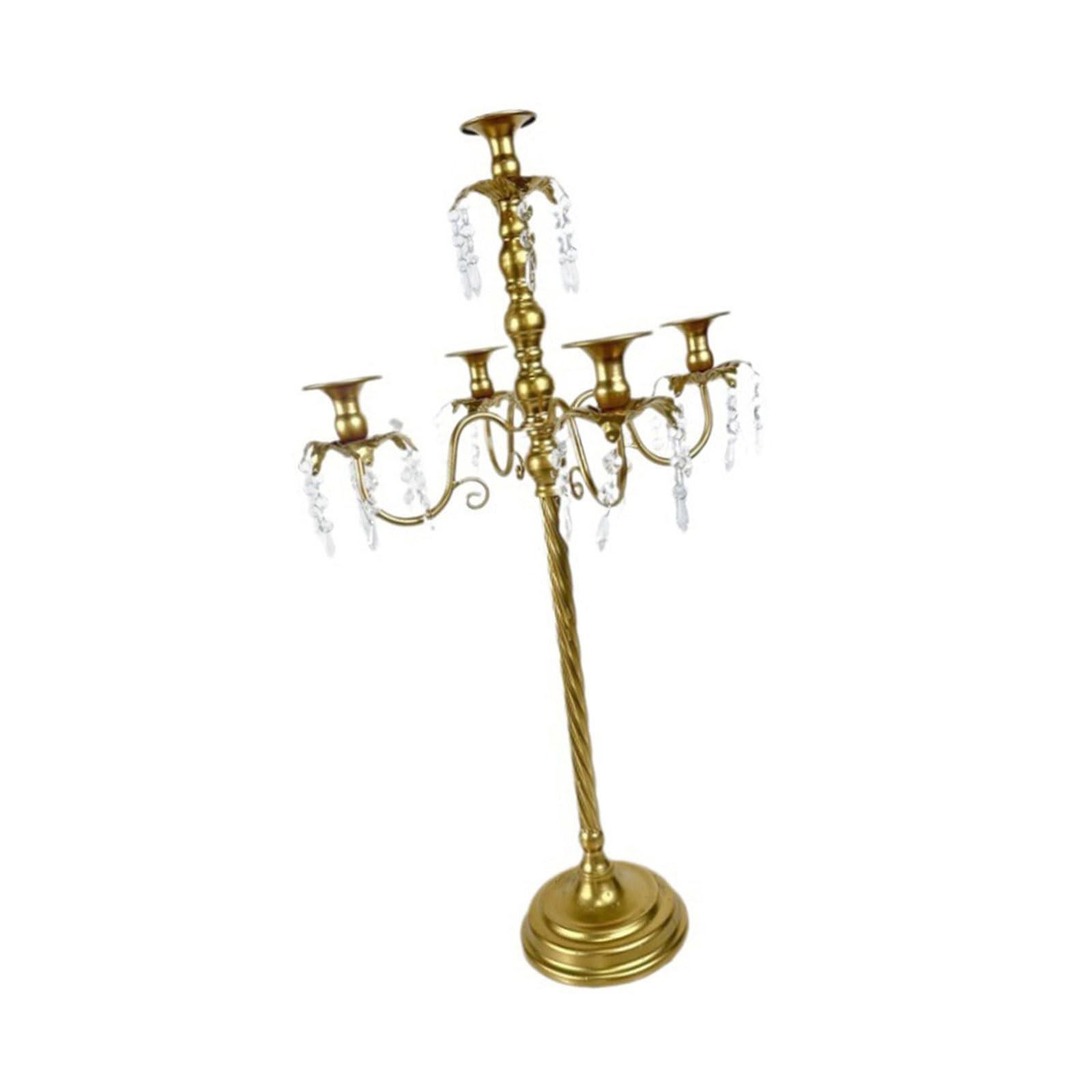Sisyeuo Golden Crystal Embellished Holders Candlestick European Metal Candelabra for Home and Event Decoration Metal Candelabra with Crystal Pendants