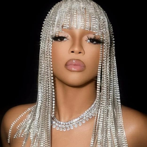 Long Rhinestone Headpiece Cap 1920s Tassel Crystal Flapper Head Chain Gatsby Belly Dance Hair Accessories for Women