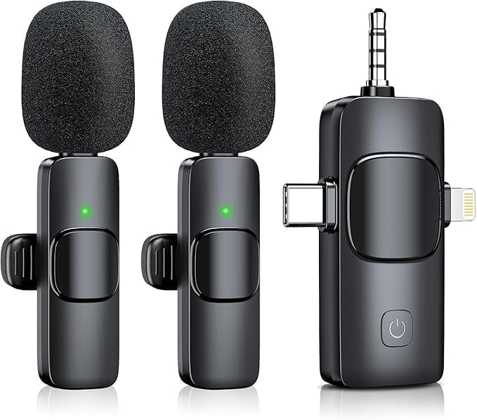 OUZIO Wireless Lavalier Microphone for iPhone & Android & iPad & Camera - 2 Pack 3 in 1 Mini Microphones with Noise Reduction Lapel Mic for Live Stream Content Creators Podcast