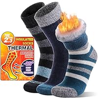 MOGGEI Heated Thermal Socks for Men Women Winter Warm Thick Insulated Ski Boot Work Cabin Socks Gifts Stocking Stuffers 3 Pairs(Blue Stripes,M)