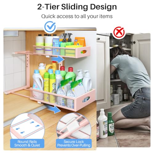 Image of Under Sink Organizer, 2 Tier Pull Out Under Cabinet Organizer Shelf with Pad for Framed Cabinets, Metal Slide Out Under Sink Storage, Mesh Sliding Drawers for Kitchen Bathroom Laundry(Pink, 1 Pack)