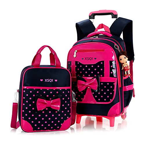 Rolling Backpack for Girls Bowknot Princess Wheeled Trolley School Bags Travel Luggage with Handbag Toddler Elementary Book Bag