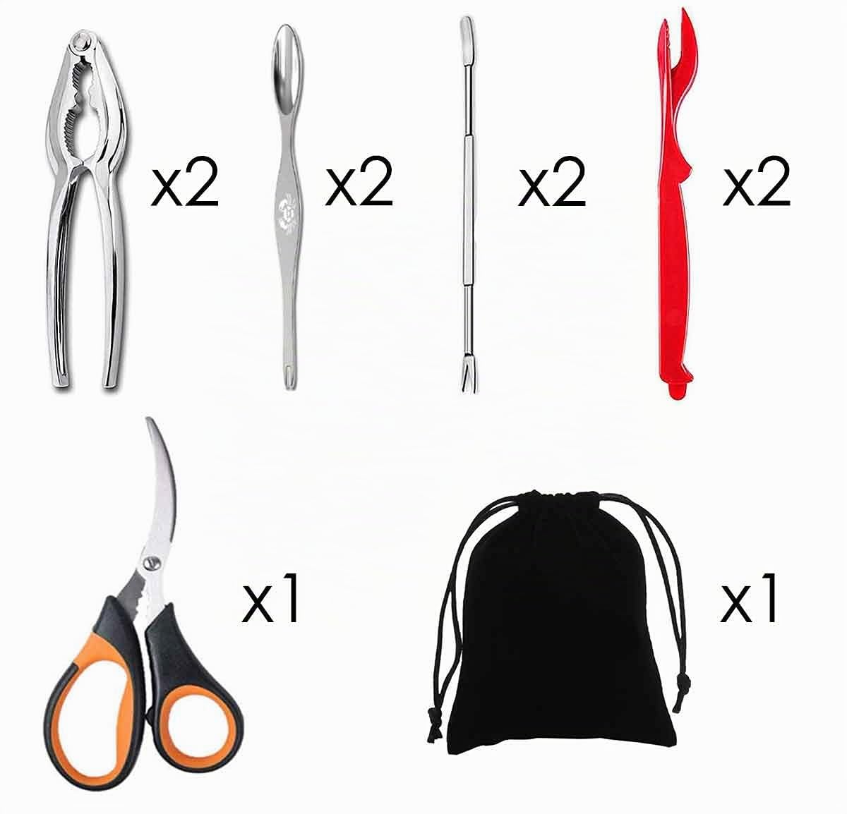 Artcome Lot de 10 outils pour fruits de mer : 2 cassecrabes, 2 coquillages à homard, 2 fourchettes à fruits de mer, 2 fourchettes à crabe larges, 1 paire de ciseaux à fruits de mer et 1 sac de