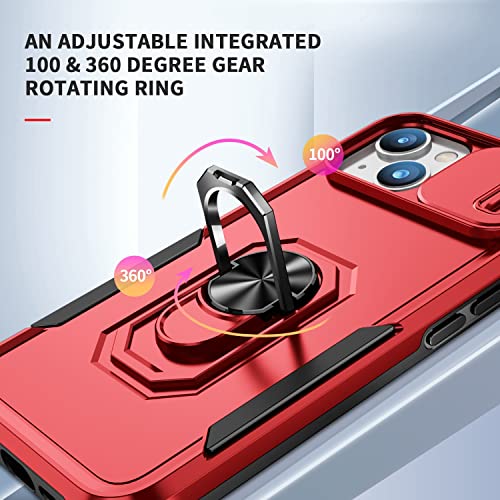 Image of MOSHKING Polycarbonate Back Cover Case Compatible For Iphone 13 With Slide Camera || Heavy Duty Military Grade Protection Mobile Phone Case Built-In 360 Rotate Ring Stand - Red