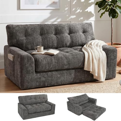 Image of MONVANE 55.5 inch Convertible 3‑in‑1 Chenille Boneless Loveseat Sofa, Grey | Modern Deep Seat Cloud Couch with Storage Pocket, Fits Living room, Bedroom & Apartment, No Assembly Required