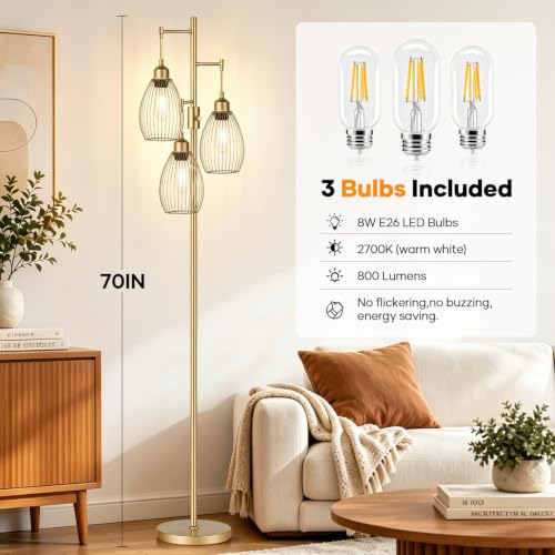 Image of Dimmable Floor Lamp, 3 x 800LM LED Edison Bulbs Included, Farmhouse Industrial Floor Lamp Standing Tree Lamp with Elegant Teardrop Cage Head Tall Lamp for Living Room Bedroom Office Dining Room - Gold