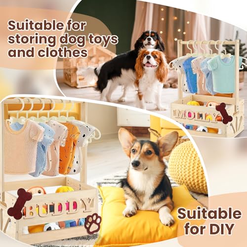 20" x 13" x 9" Wooden Dog Closet Pet Wardrobe Crate Box with Hanging Rods and Personalized Alphabet Letters Easy Assembly Baskets for Dog Cat Toys Clothes Accessories(Wood) - Image 6