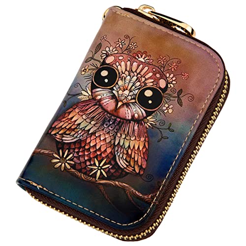 Airmors Womens Credit Card Holder Wallet Zipper Leather Card Case Rfid Blocking Keychain (Sweet Dreams Owl) #TOP1