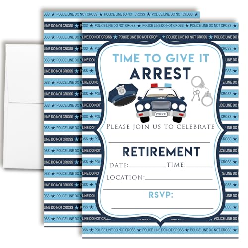 Amanda Creation Police Retirement Party Invitations - 20 Fill-In Cards Law Enforcement Themed Retirement Invites with Twenty White Envelopes - 5x7 Double Sided Cards