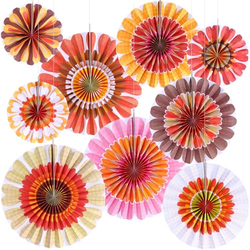 Outus 9 Pcs Flower Hanging Decorations Fall Paper Fans Classroom Ceiling Wall Decor Colorful Bloom Paper Fan for Wedding Birthday Birthday Party Supplies(9 Pcs,Spring Daisy)
