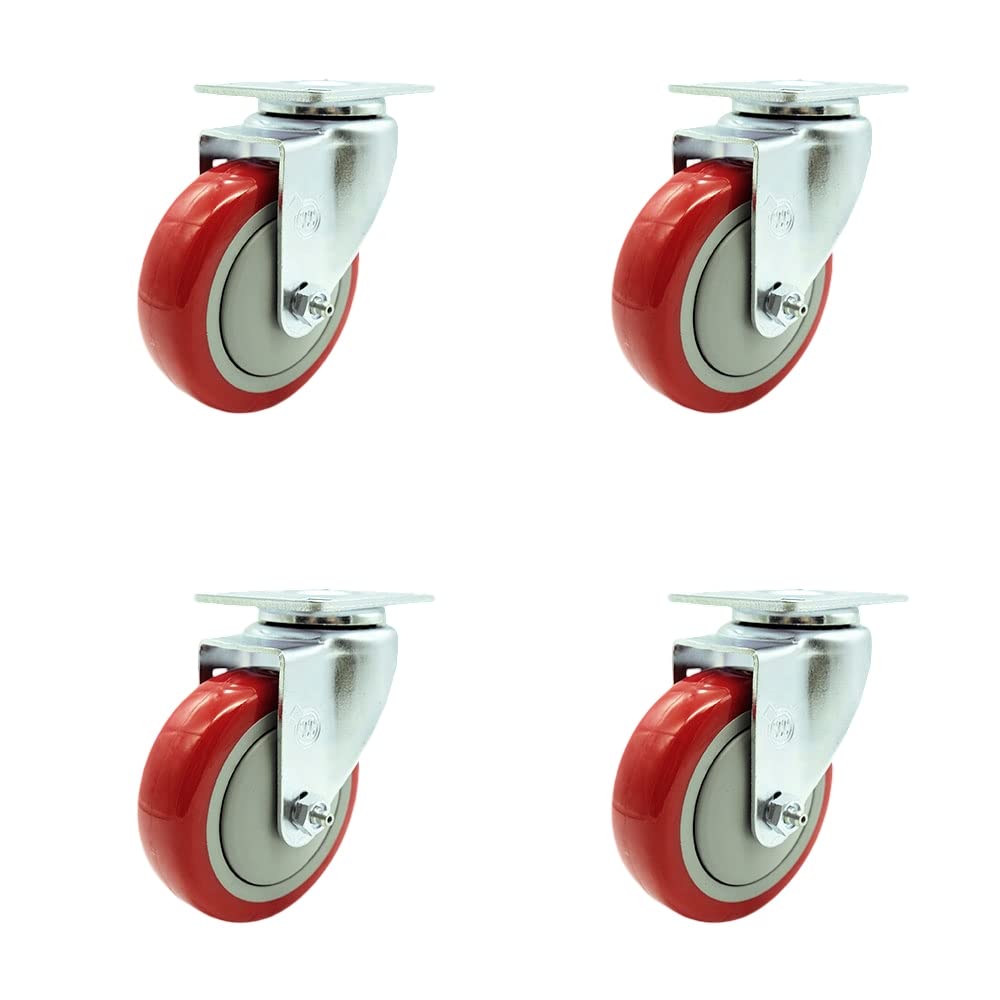 Regency 600CSW415 U-Boat Utility Cart Replacement Caster Set – 4 Inch Red Polyurethane Wheel - Includes 4 Swivel Casters - Set of 4 - Service Caster