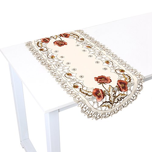 Gsycle Embroidered Table Runner Tablecloth, Red Floral Flower Decor Macrame Table Linens Cutwork Table Decor Rectangular Farmhouse Table Cover for Decorations (Ellipse)