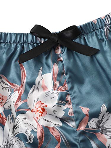 Image of WDIRARA Women's Sleepwear Satin Short Sleeve Shirt and Shorts Pajama Set Floral Blue XS