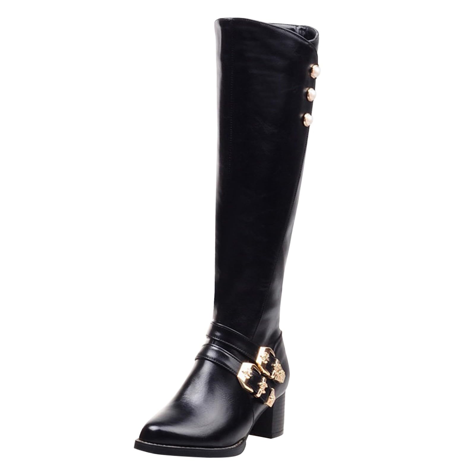 Damskie buty do jazdy konnej do kolan, czarna skóra, złote buty z paskiem z klamrą duży rozmiar wysokie buty damskie jesień i zima, Czarny, 35.5 EU