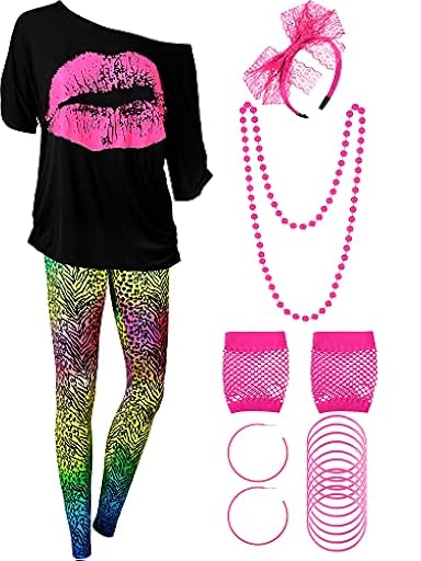 Blulu Juego de Disfraz de Mujeres de los Años 1980, T-Shirt, Pantalones Legging Pendientes Collar Guantes Pulsera (Manga Corta, XXL) | Ya disponible en tu tienda friki favorita! En mundofriki.es!