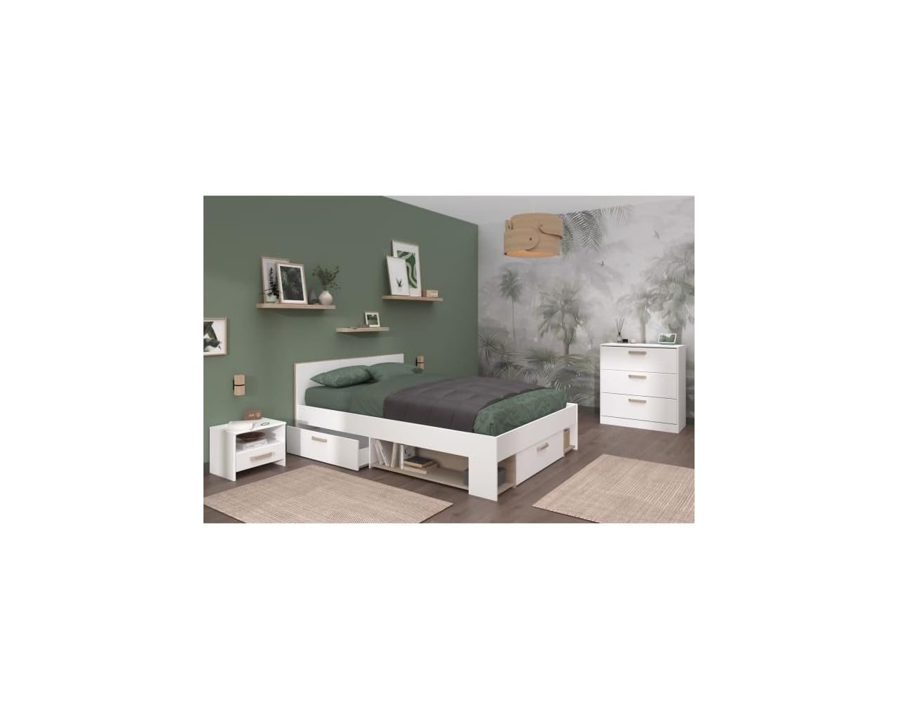 Chambre complete adulte DREAM : Lit 140x190/200 cm + 2 chevets + Commode - Décor blanc et chene - PARISOT