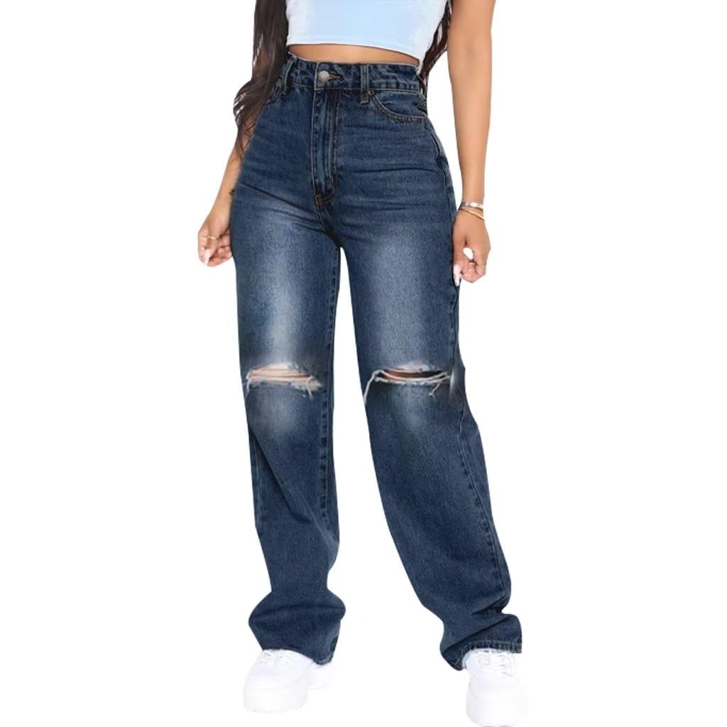 YanfoamWomens Fashion High Waisted Ripped Jeans Straight Leg Jeans Stretch Fabric Slim Fit Denim Pants of Zipper