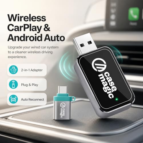 Image of CaseMagic 2-in-1 Wireless CarPlay & Android Auto Adapter - Converts Wired to Wireless | Plug & Play, Bluetooth 5.0 + 5GHz WiFi, USB-A & Type-C | Hyundai, Maruti, Kia, Honda | OEM Wired Cars Only